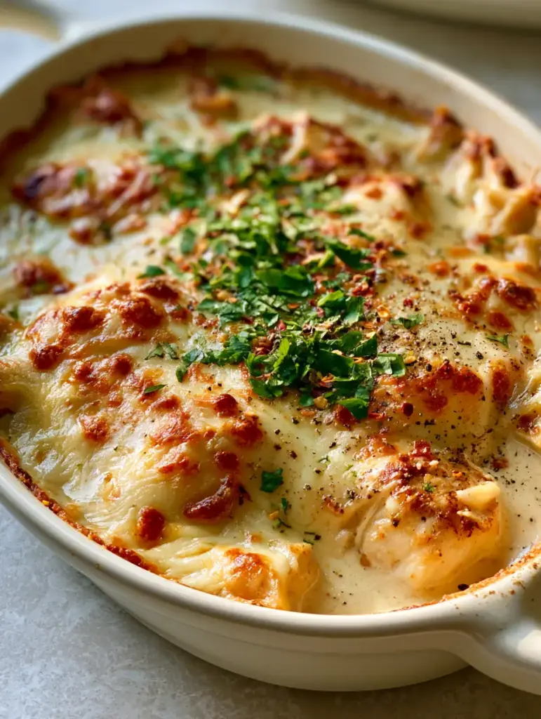 Overhead view of Creamy Smothered Chicken Casserole garnished with fresh parsley and red chili flakes.