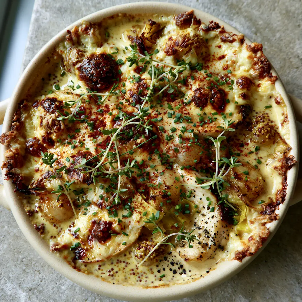 Creamy French Chicken Casserole with Bubbly Gruyère and Caramelized Leeks 1 Top-down view of melted Gruyere and white cheddar cheese with distinct charred spots and micro-thyme garnish.