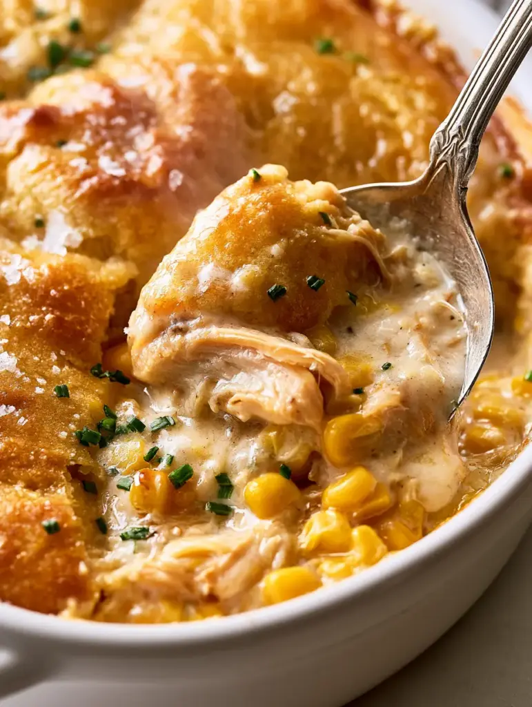 Detailed shot of the creamy chicken filling with sweet corn and chives inside a white ceramic dish.