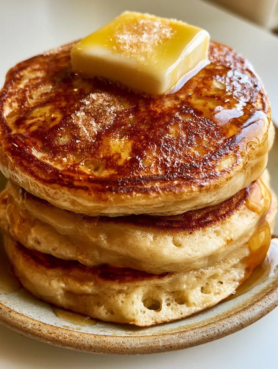 A smartphone photo of thick golden-brown pancakes with aerated sponge-like interior visible from the side. (Homemade Pancake Recipe)