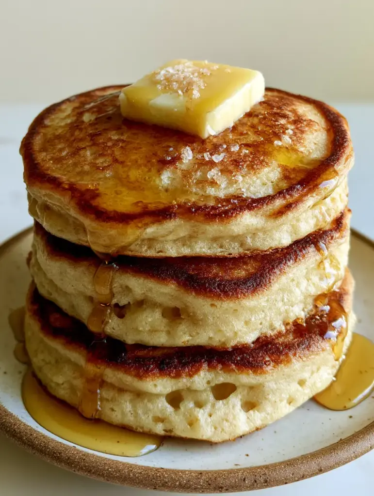 Close-up of golden-brown seared pancake surface with melting butter pools and cascading maple syrup.
