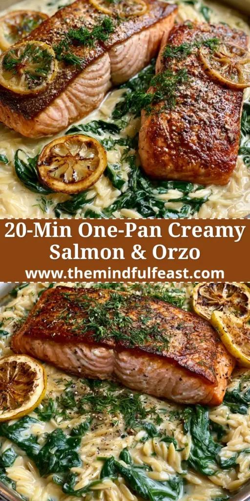 Creamy Salmon and Orzo with Lemon, Garlic, and Wilted Spinach 4 A close-up vertical shot of a skillet featuring golden-crusted salmon on a bed of creamy lemon-garlic orzo with spinach and charred lemons. (Creamy Salmon and Orzo)