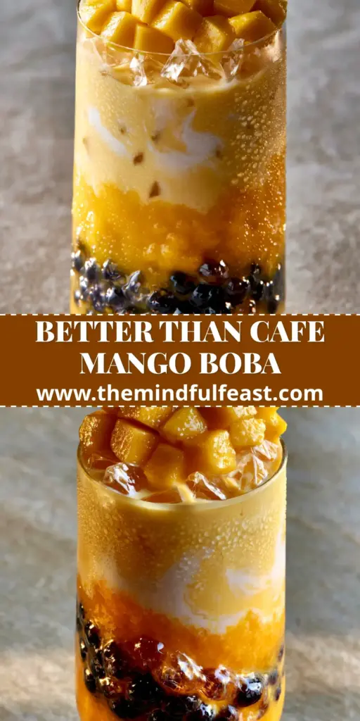 A layered Fresh Mango Boba drink in a tall glass with black pearls, orange puree, and coconut milk swirls under golden light. (Mango boba recipe)