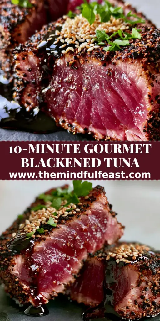 Blackened Balsamic Tuna Steaks with a Peppercorn Crust 3 A close-up of Blackened Balsamic Tuna Steaks on a dark slate board, showing a rare pink center and glossy glaze.