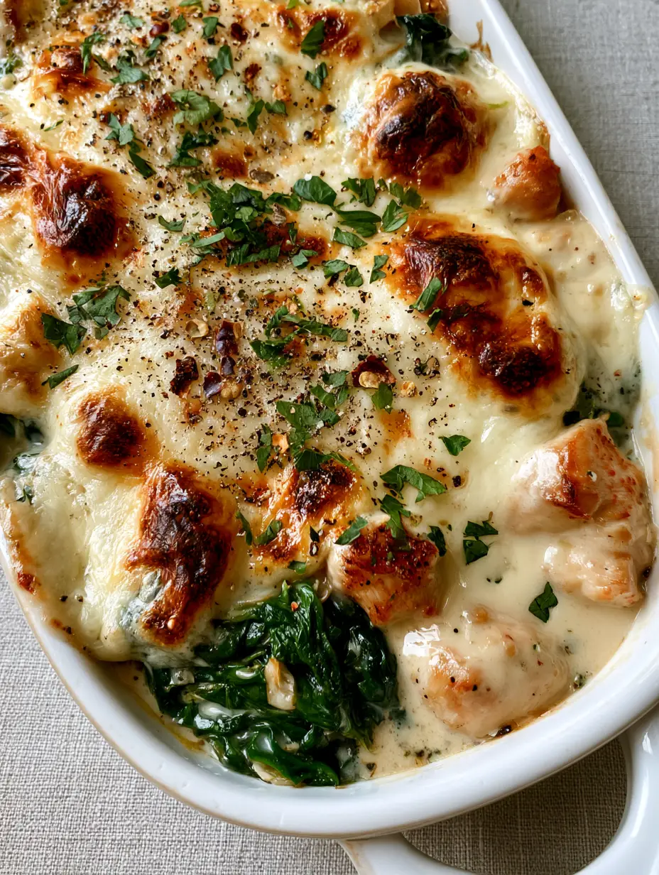 Vertical smartphone photo of Creamy Chicken and Spinach Casserole featuring seared chicken cubes and wilted spinach in an ivory garlic sauce.