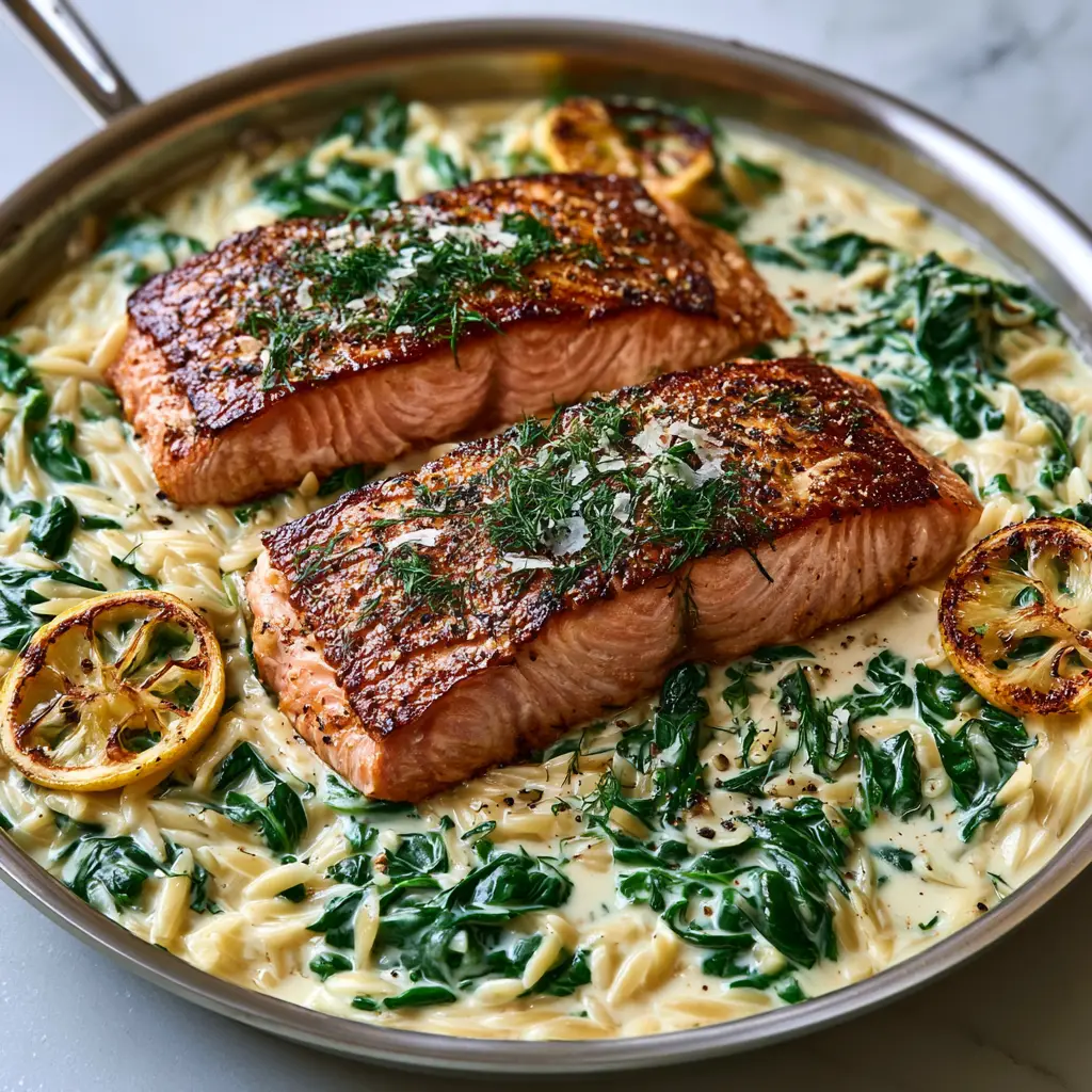 Creamy Salmon and Orzo with Lemon, Garlic, and Wilted Spinach 1 Overhead view of Creamy Salmon and Orzo featuring charred lemon slices, fresh dill, and cracked black pepper garnish.