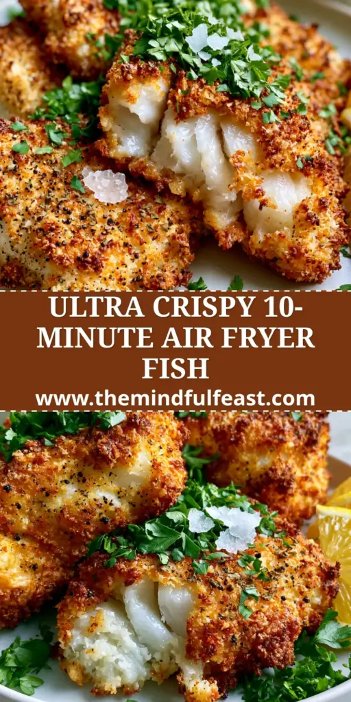 Three golden-brown panko-crusted cod fillets on a white plate with lemon and parsley. (Air Fryer Fish)