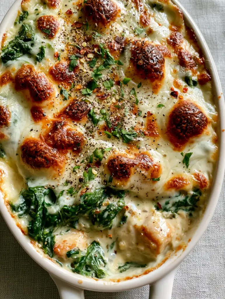 A top-down view of the Creamy Chicken and Spinach Casserole highlighting the toasted golden-brown parmesan crust and red chili flake garnish.