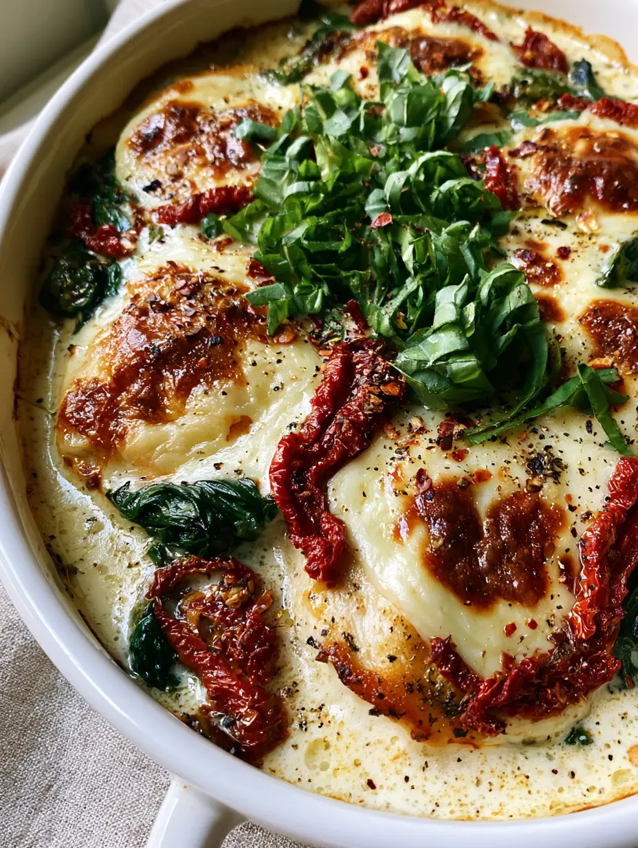 Baked Tuscan Chicken Casserole with Sun-Dried Tomatoes and Creamy Garlic Sauce 4 Close-up of Baked Tuscan Chicken Casserole showing the thick velvety cream sauce with visible parmesan grains and dark green wilted spinach.