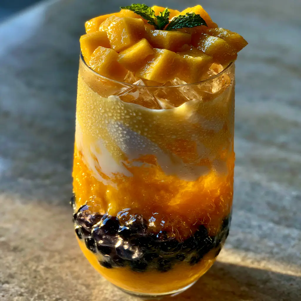 A tall glass of Mango Boba with coconut milk swirls and fresh diced mango topping.