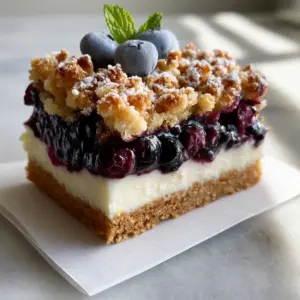 Eye-level shot of a single Blueberry Crumble Cheesecake bar showing immaculate layers and a tiny mint leaf garnish on marble.