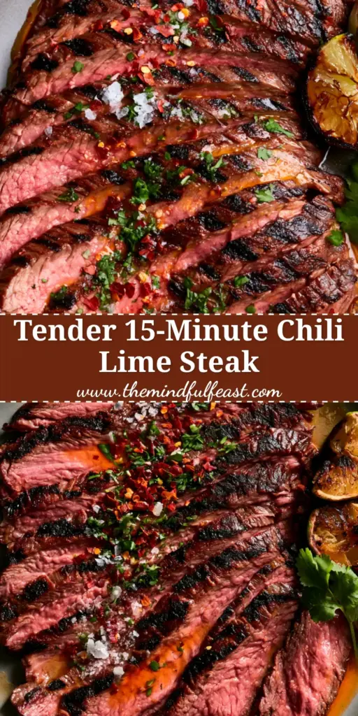 A top-down shot of sliced Chili lime flank steak fanned out on a charcoal platter with charred limes and fresh cilantro.
