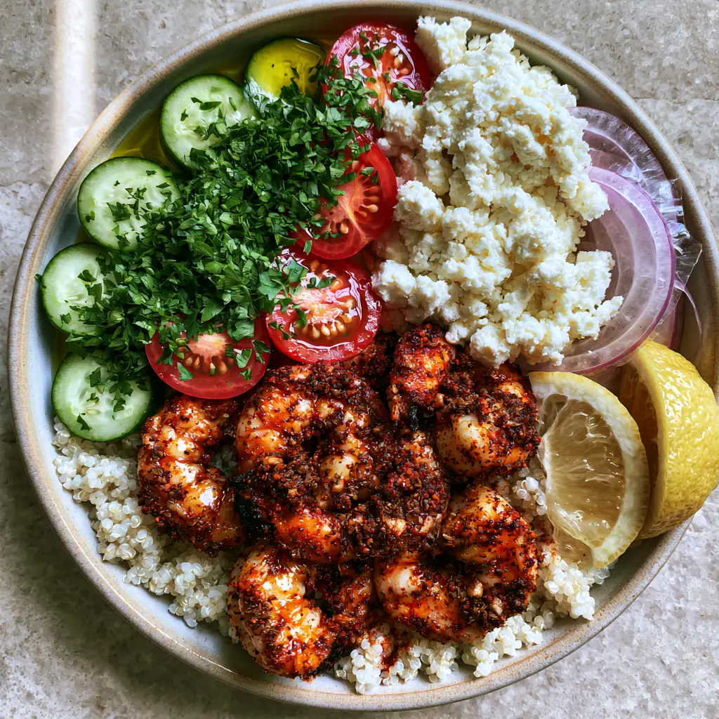 Greek Shrimp Mediterranean Bowl: The Ultimate Charred Seafood Grain Bowl 1 Visualizing the individual fluffy grains of white quinoa and sliced Persian cucumbers in a Greek Shrimp Mediterranean Bowl.