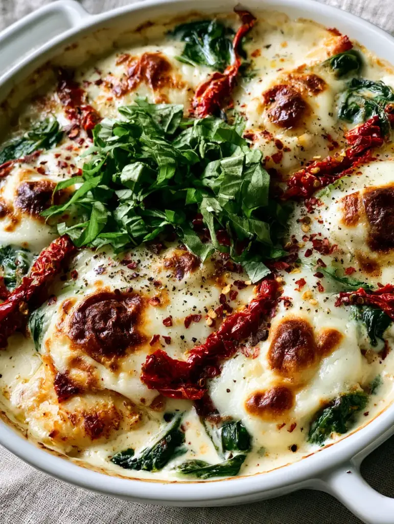 Baked Tuscan Chicken Casserole with Sun-Dried Tomatoes and Creamy Garlic Sauce 1 A high-angle 45-degree shot of the Baked Tuscan Chicken Casserole highlighting the toasted golden-brown mozzarella spots and vibrant red tomato strips.