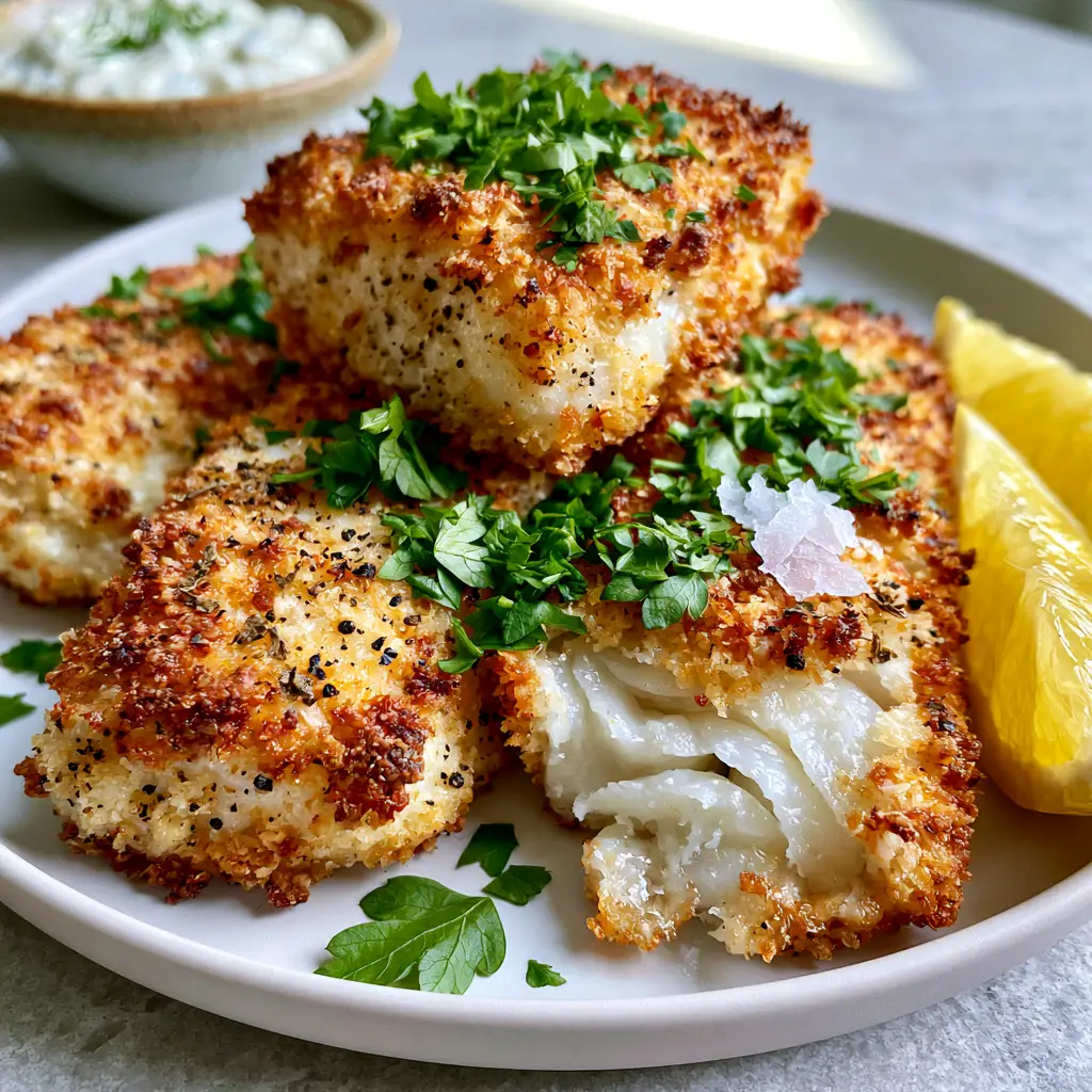 One Air Fryer Fish fillet broken open to show steaming, pearly white flaky layers inside.