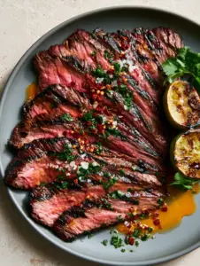Macro shot of thin bias-sliced Chili lime flank steak with a pink center and dark caramelized grill marks.