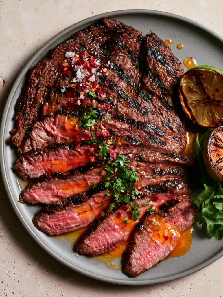 Overhead view of glistening Chili lime flank steak slices arranged on a dark platter with emerald cilantro garnish.