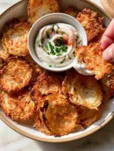 Top-down view of a matte ceramic bowl filled with golden-brown crispy onion ring chips and a central yogurt dip.