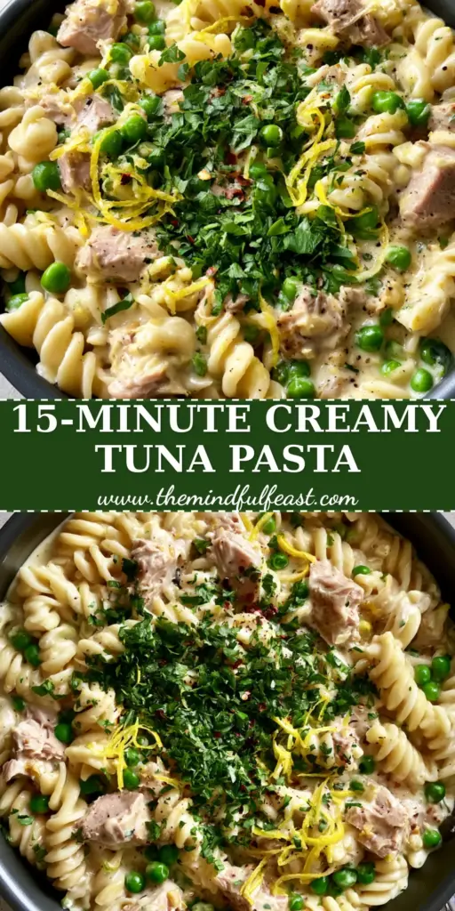 An overhead handheld photo of creamy tuna pasta with fusilli, peas, and lemon zest in a black pan. (creamy tuna pasta)