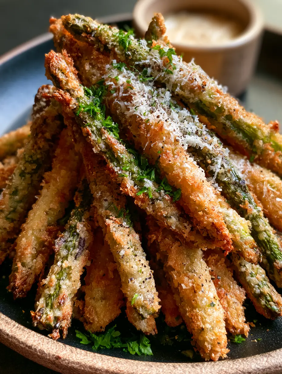 Handheld style photo of golden-brown parmesan asparagus fries with visible charred tips and jagged panko coating.