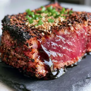 Thick seared Ahi tuna steak with a heavy peppercorn crust and syrupy balsamic drizzle. (Blackened Balsamic Tuna Steaks)