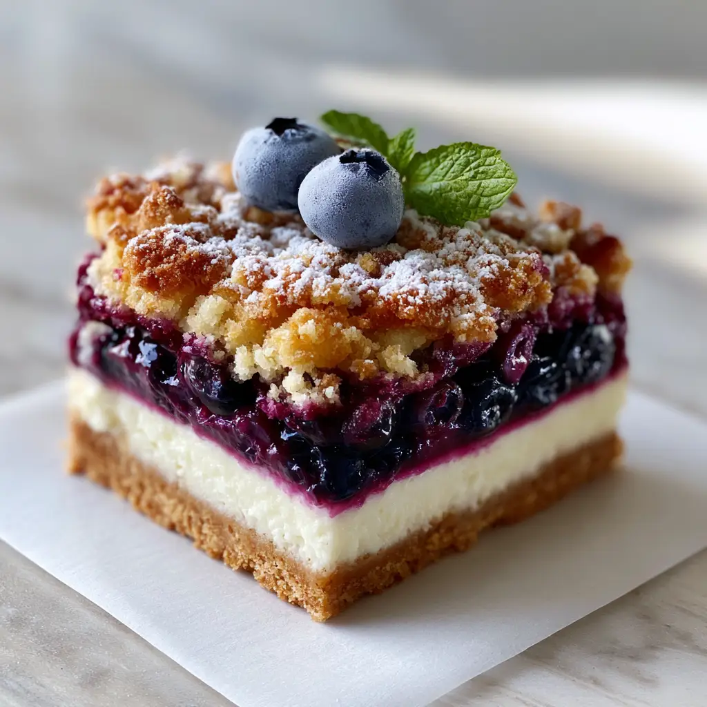 Close-up of a Blueberry Crumble Cheesecake bar highlighting the golden toasted buttery streusel and burst wild blueberries.