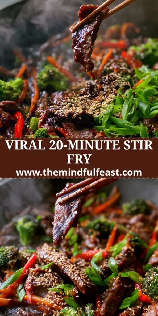 A close-up of Beef Stir Fry in a wok with caramelized steak tips, broccoli, peppers, and sesame seeds.