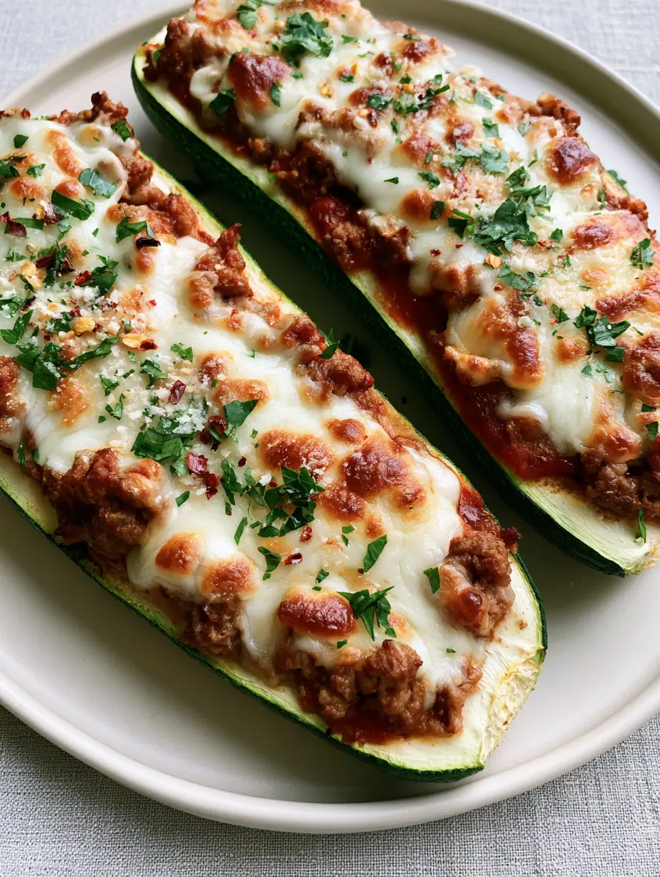 Ground Beef Zucchini Boats with Bubbly Mozzarella and Garlic Tomato Sauce 3 Top-down macro shot of three perfectly roasted ground beef zucchini boats with golden-brown mozzarella cheese and emerald green skin.