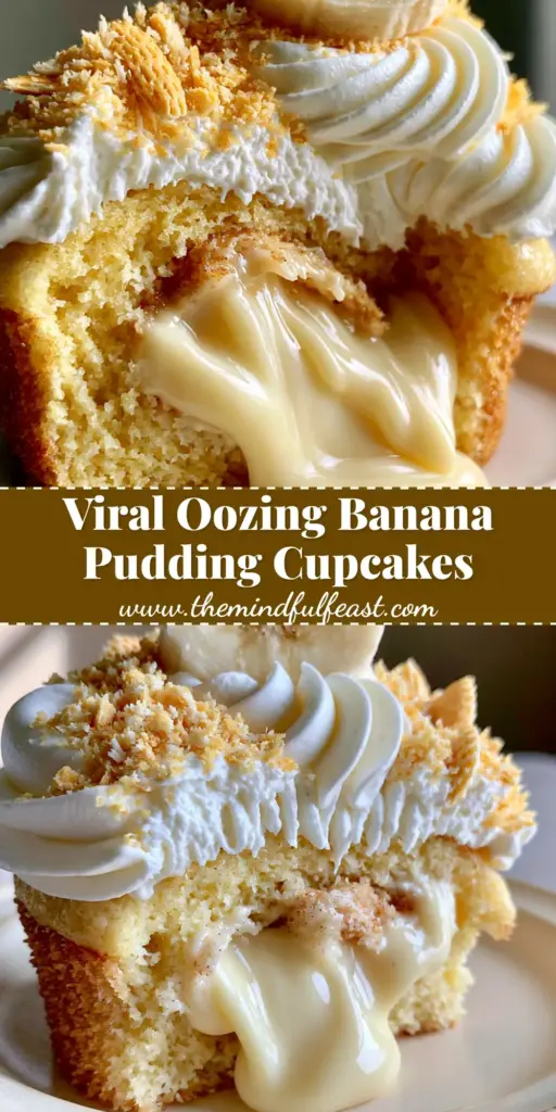 Banana Pudding Cupcakes with Oozing Vanilla Pastry Cream Filling 4 A tall gourmet banana pudding cupcake with a high whipped cream swirl, Nilla wafer crumbs, and a banana slice on top. (banana pudding cupcakes)