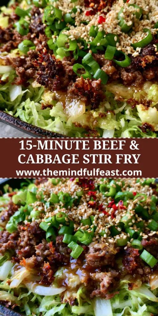 Ground Beef and Cabbage Stir Fry: The Ultimate 20-Minute Umami Skillet 4 A top-down view of a ground beef and cabbage stir fry in a black cast iron skillet featuring mahogany glaze and sesame seeds.