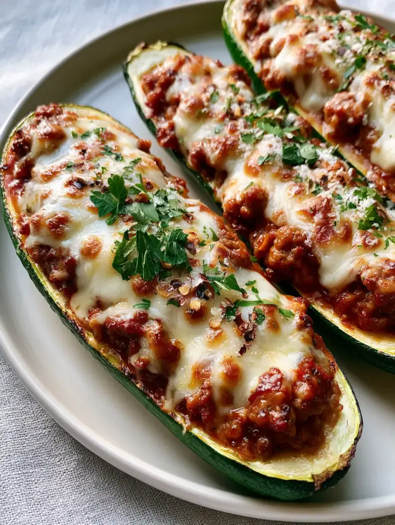 Ground Beef Zucchini Boats with Bubbly Mozzarella and Garlic Tomato Sauce 1 Detailed view of the chunky ground beef filling and thick tomato garlic sauce inside a roasted zucchini boat.