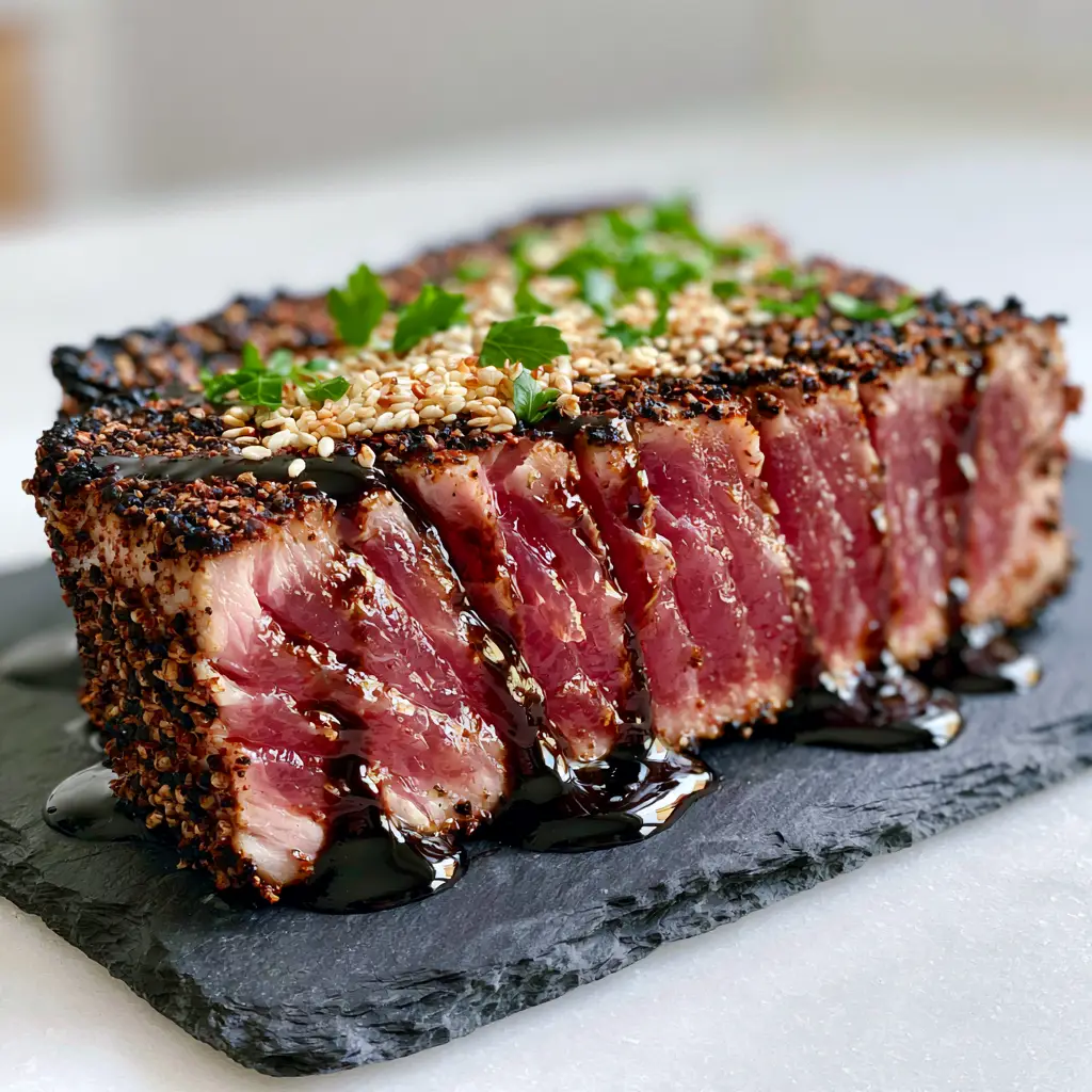 Blackened Balsamic Tuna Steaks with a Peppercorn Crust 1 Slices of rare pink tuna revealing the contrast between the blackened exterior and translucent interior.