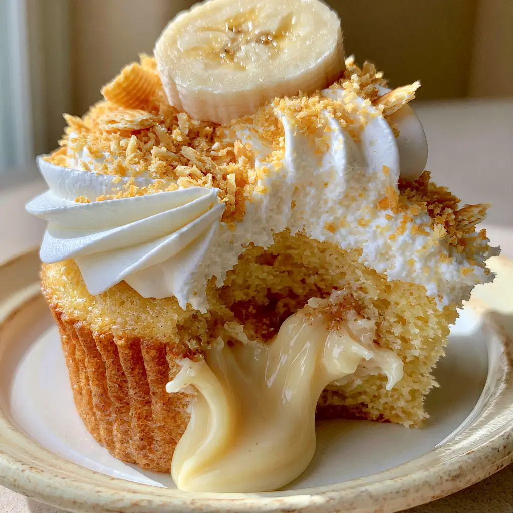 Banana Pudding Cupcakes with Oozing Vanilla Pastry Cream Filling 2 A cross-section of a gourmet banana pudding cupcake showing the thick vanilla pudding filling oozing out. (banana pudding cupcakes)