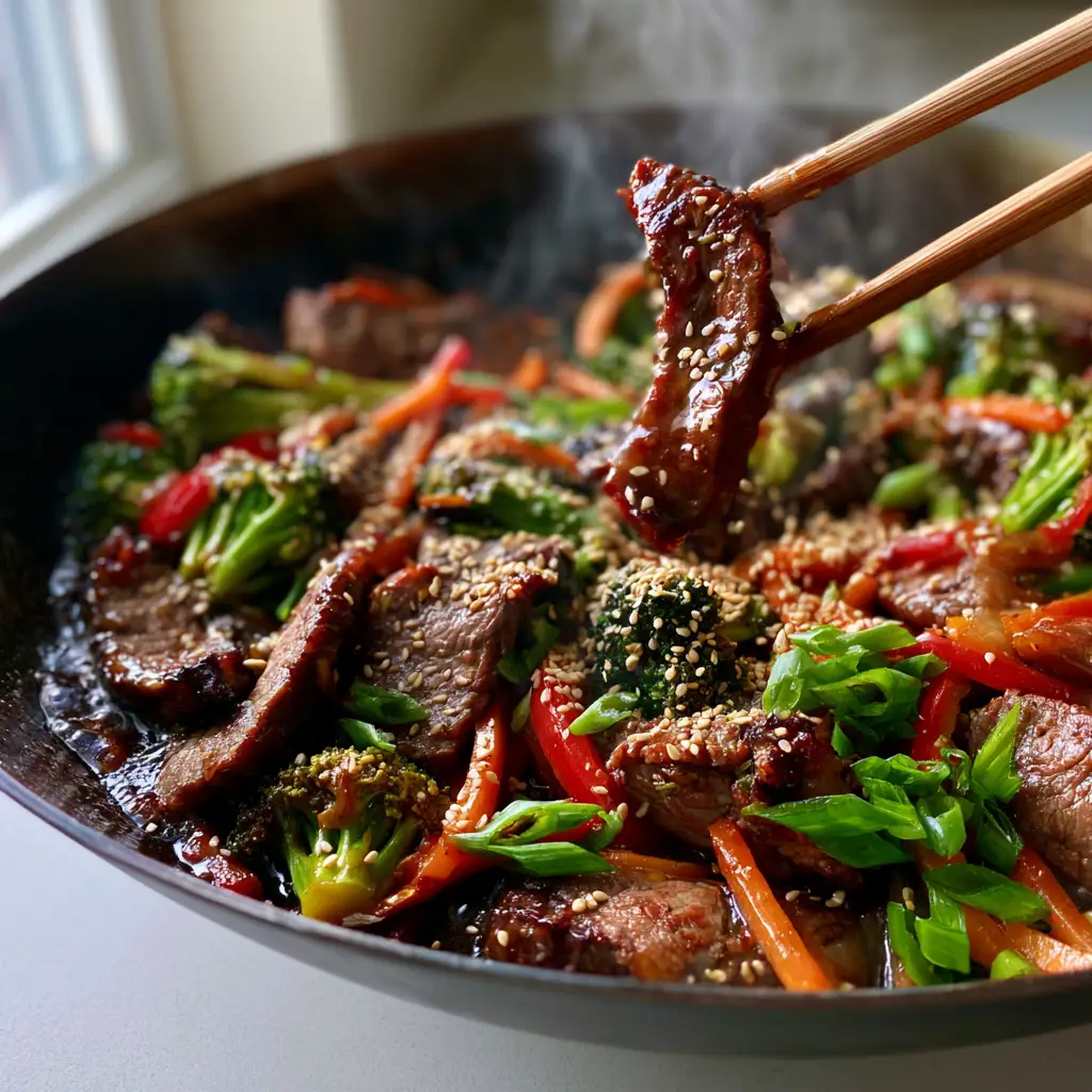 Chopsticks lifting a piece of glossy seared beef from a stir fry pan.