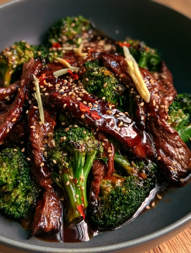 Beef and Broccoli Stir-fry with a Glossy Ginger-Soy Glaze 1 Close up of emerald green broccoli with charred tips and toasted white sesame seeds in a beef and broccoli stir-fry.