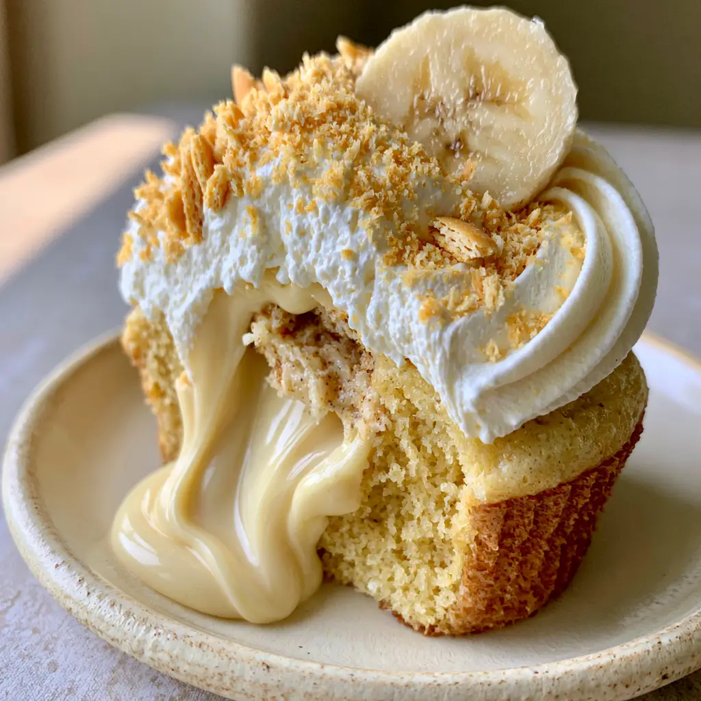 Banana Pudding Cupcakes with Oozing Vanilla Pastry Cream Filling 1 A close-up shot of the stable whipped cream frosting and Nilla wafer crumbs on a banana pudding cupcake. (banana pudding cupcakes)