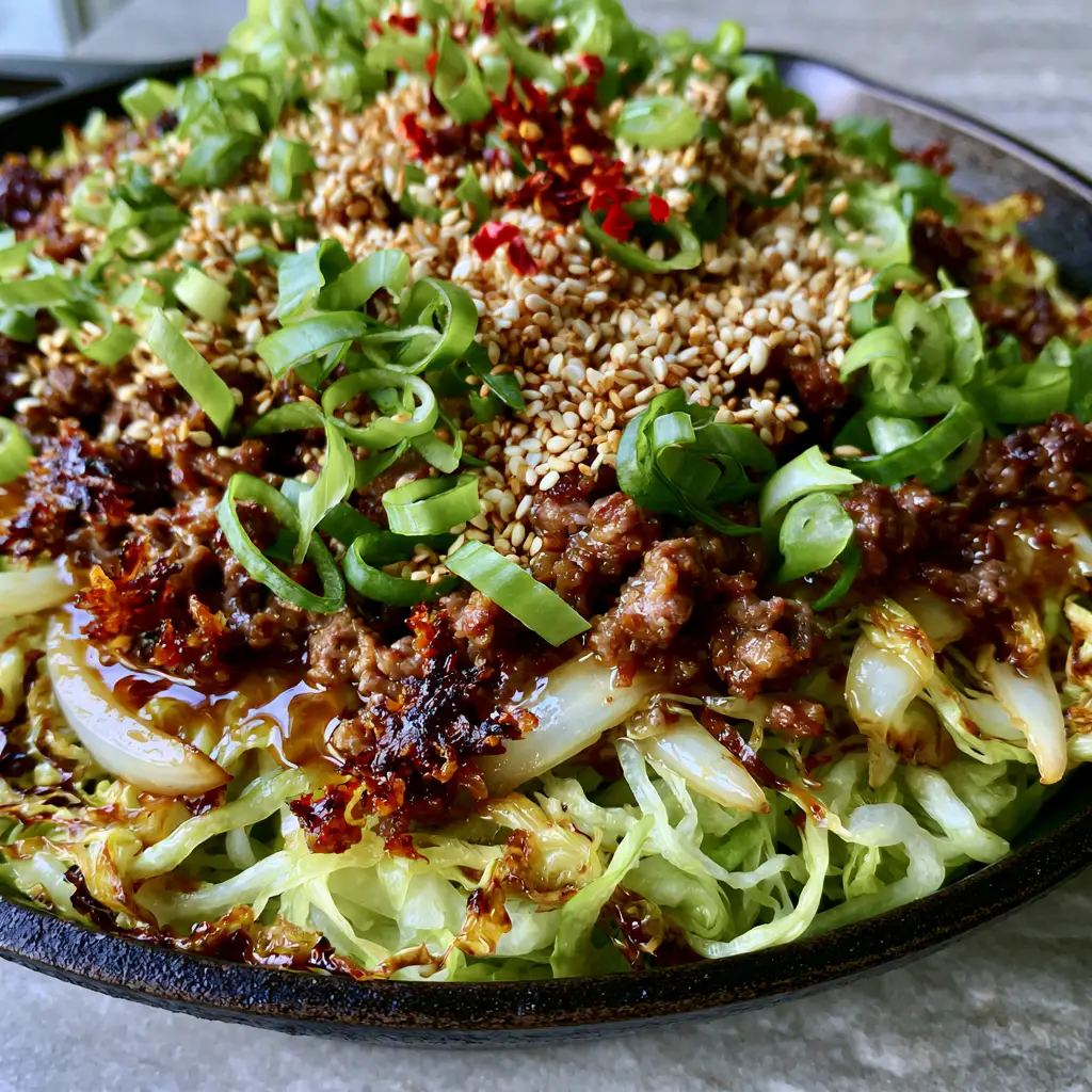 Ground Beef and Cabbage Stir Fry: The Ultimate 20-Minute Umami Skillet 1 Macro shot of ground beef and cabbage stir fry showing the mahogany soy-ginger glaze and red chili flakes.