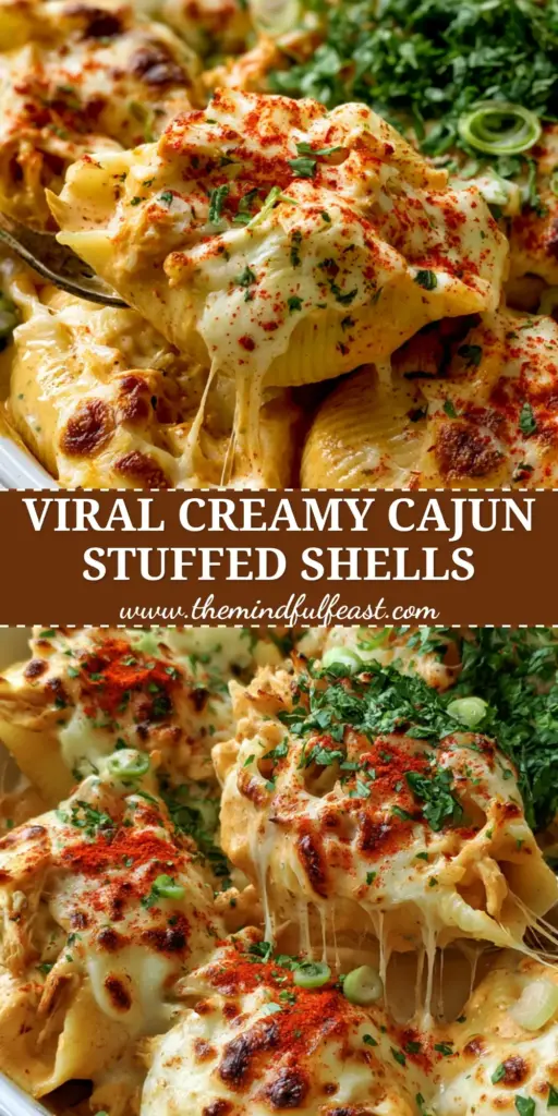 Creamy Cajun Chicken Stuffed Shells: A Cheesy Baked Pasta Masterpiece 4 A white ceramic casserole dish filled with Creamy Cajun Chicken Stuffed Shells, featuring browning cheese bubbles, smoked paprika dusting, and fresh green garnishes.