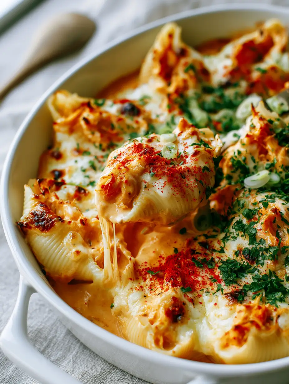 Creamy Cajun Chicken Stuffed Shells: A Cheesy Baked Pasta Masterpiece 3 Close-up 45-degree angle shot of Creamy Cajun Chicken Stuffed Shells in a white ceramic dish with melted mozzarella and toasted parmesan.