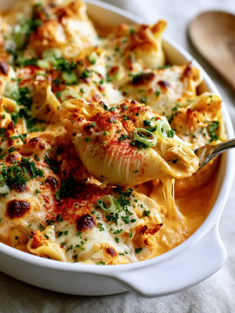 Creamy Cajun Chicken Stuffed Shells: A Cheesy Baked Pasta Masterpiece 1 A fork lifting a jumbo pasta shell from the casserole dish, revealing a long glistening cheese pull and velvety orange Cajun sauce.