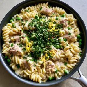 Close up shot of creamy tuna pasta showing chunky tuna and bright green sweet peas. (creamy tuna pasta)