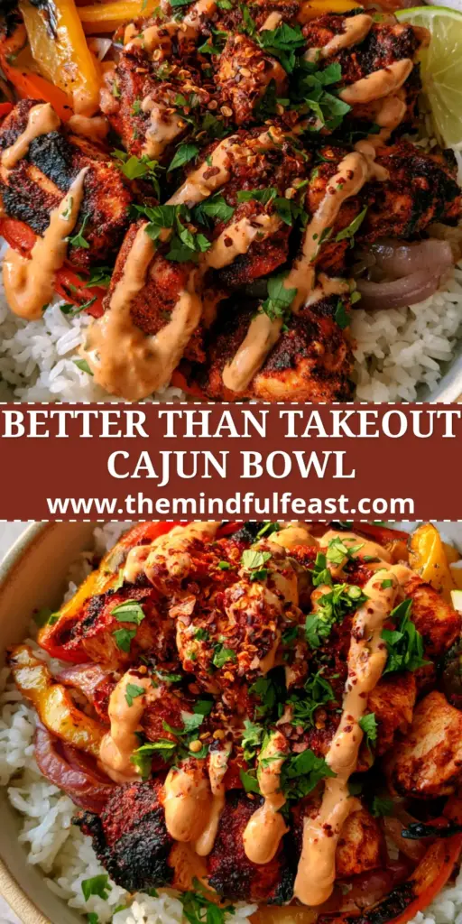 Cajun Chicken Rice Bowl with Charred Peppers and Zesty Remoulade 4 A top-down view of a Cajun chicken rice bowl featuring blackened chicken chunks, steamed rice, and charred peppers with an orange remoulade drizzle.