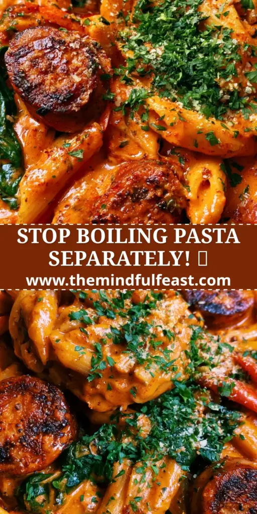 Cajun Chicken Sausage Pasta: A Creamy One-Pot Skillet Masterpiece 4 A vertical overhead shot of Cajun chicken sausage pasta in a matte black skillet featuring creamy orange sauce, charred sausage, and wilted spinach.