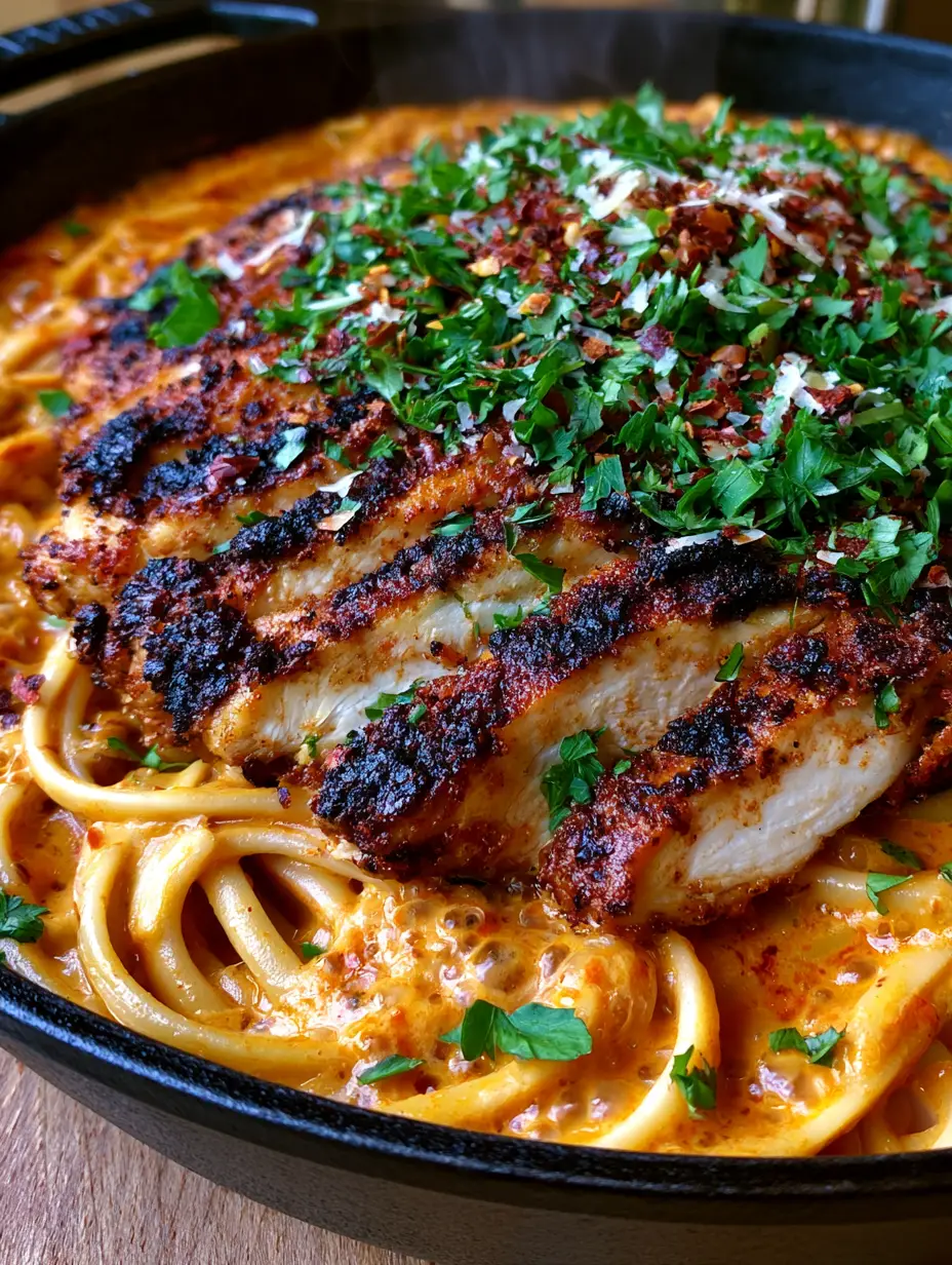 Cajun Chicken Linguine: The Ultimate Creamy Blackened Pasta Recipe 4 Macro close-up of bubbling orange Cajun sauce and al dente linguine pasta. (Cajun Chicken Linguine)