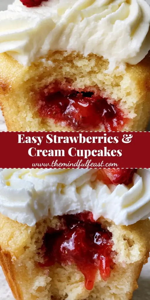 Strawberries and Cream Cupcakes: The Ultimate Moist Vanilla and Fresh Berry Recipe 3 A vertical pin image showing a thick piped swirl of whipped cream and a glossy red center in strawberries and cream cupcakes.