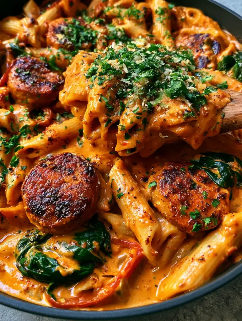 Cajun Chicken Sausage Pasta: A Creamy One-Pot Skillet Masterpiece 2 Close up shot of al dente penne pasta coated in thick orange Cajun cream sauce with seared sausage rounds. (Cajun chicken sausage pasta)