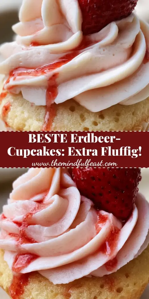 Erdbeer-Cupcakes: The Ultimate Recipe for a Golden Sponge and Stable Pink Frosting 3 A close-up vertical shot of erdbeer-cupcakes with pale pink frosting and a whole strawberry on top.