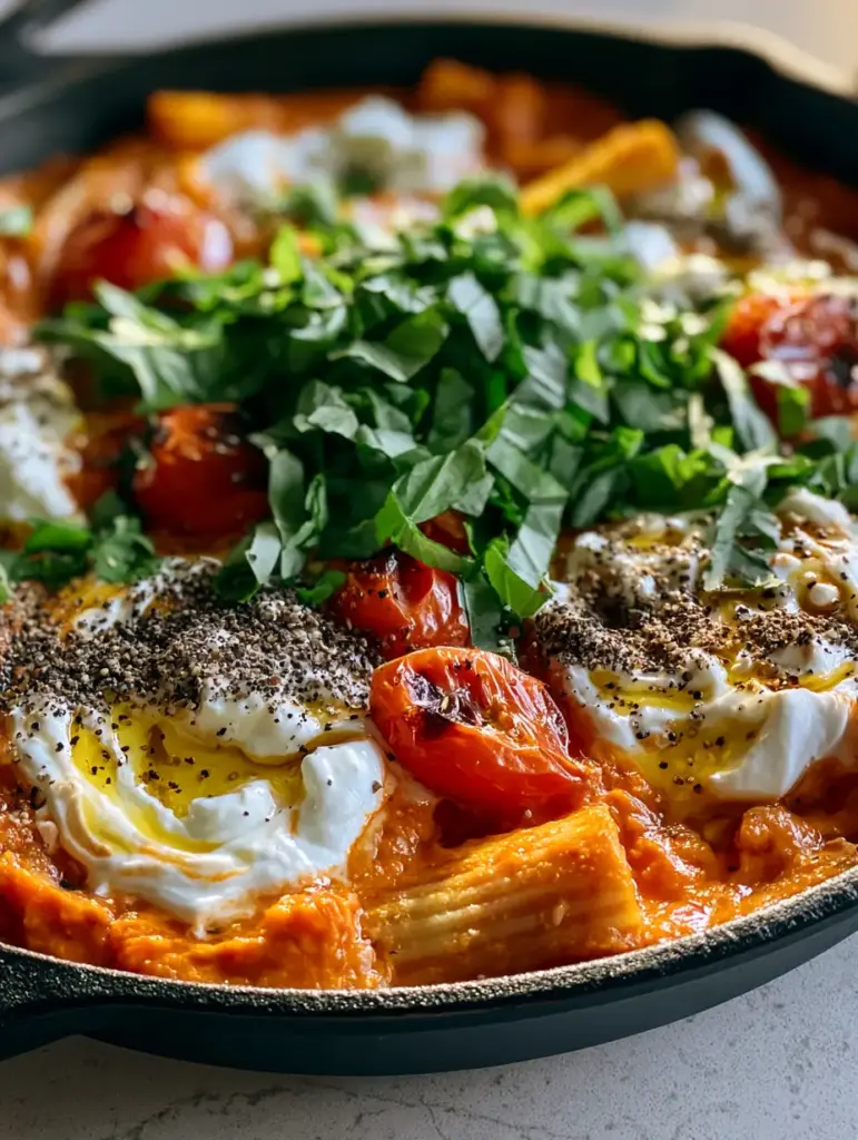 Creamy Tomato Ricotta Pasta: The Ultimate 30-Minute Comfort Food 2 Macro close-up of rigatoni pasta drenched in velvety tomato sauce with a marble swirl of whipped ricotta. (Creamy Tomato Ricotta Pasta)