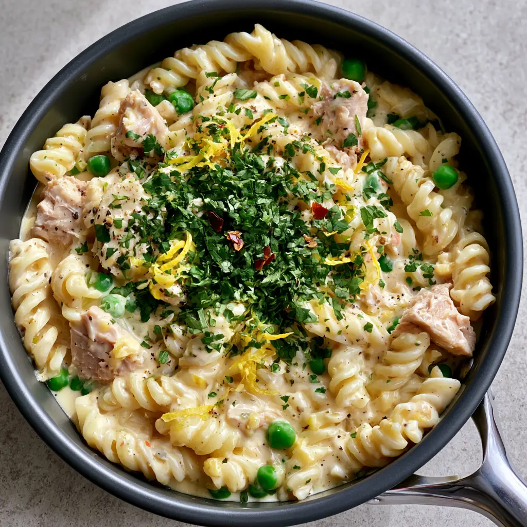 Creamy tuna pasta served in a modern matte-black ceramic pan with fresh parsley garnish.