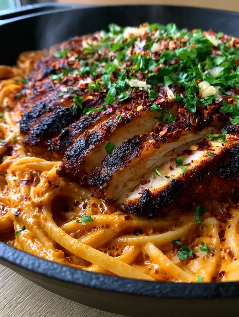 Cajun Chicken Linguine: The Ultimate Creamy Blackened Pasta Recipe 1 Slices of blackened chicken breast with a dark spice crust and juicy center on top of pasta.